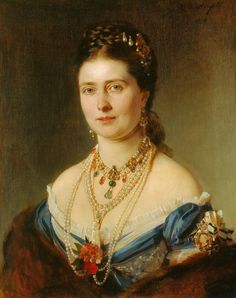 a painting of a woman in a blue dress with pearls and necklaces on her neck