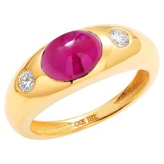 Introducing the "Cabochon Burma Ruby Diamond 2.30 Carat 18 Karat Yellow Gold Ring" - an exquisite piece of jewelry that exudes luxury and timeless elegance. This stunning gypsy ring is designed to capture hearts and turn heads, making it a perfect addition to your fine jewelry collection. Burma Ruby Cabochon: The centerpiece of this ring is a 2.10 carat Burma Ruby cabochon. Known for its deep red color and exceptional quality, this ruby is a true symbol of passion and love. Brilliant Diamonds: T Ruby Ring Designs, Cabochon Ruby, 3 Stone Ring, 3 Stone Rings, White Diamond Ring, Contemporary Ring, Modern Ring, Ruby Diamond, Fine Jewelry Collection