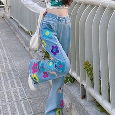 Painted Pants, Custom Jeans Diy, Fairytale Wedding Dress, Diy Pants, Harry Styles Outfit, Thrift Flips, Painted Clothes Diy, Flower Pants, Fe Clothing