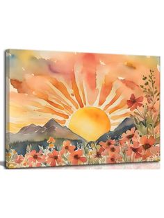 a painting of the sun setting over mountains with flowers in front of it, on a white background