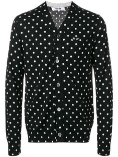 The trademark design of Comme Des Garçons' Rei Kawakubo’s almond-eyed heart motif is switched up with this black and white wool polka dot heart logo cardigan from Comme Des Garçons Play. Crafted in Japan, it features a v-neck, a front button fastening, long sleeves, a ribbed hem and cuffs and a mini appliquéd black heart logo to the chest. Dot Heart, Trademark Design, Rei Kawakubo, Heart Motif, Comme Des Garcons Play, Heart Logo, Cardigan Black, Blue Polka Dots, Knitwear Cardigan