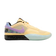 Find NIKE Ja 1 'eybl on Editorialist. The Nike Ja 1 ‘EYBL’ celebrates Nike’s Elite Youth Basketball League with a colorful rendition of Ja Morant’s debut signature shoe. The upper blends open mesh construction in Melon Tint with tonal synthetic leather overlays and a wraparound TPU Swoosh in a bright purple hue. A multicolor pattern enlivens the heel, marked with an embroidered EYBL logo on the lateral side. The low-top rests on a two-tone Phylon midsole, featuring a Jade Ice finish throughout the forefoot and a solid black heel with speckled detailing. A forefoot Zoom Air unit provides on-court responsiveness. Yellow Sporty Basketball Sneakers, Yellow Sporty Sneakers For Basketball, Nike Yellow Basketball Shoes With Gum Sole, Yellow Basketball Sneakers With Boost Midsole, Multicolor Basketball Shoes With Air Max Cushioning For Streetwear, Nike Multicolor Basketball Sneakers, Multicolor Low-top Basketball Sneakers, Nike Yellow Basketball Shoes, Nike Ja 1