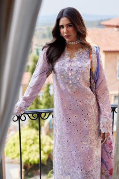 Classic Pakistani Salwar Kameez Embroidered Suit in Lavender Shade is Crafted with meticulous attention to detail it features a front panel adorned with intricate Chikan embroidery, exuding timeless elegance. The sleeves, embellished with both delicate embroidery and appliqué work on luxurious lawn fabric. Embroidered Kameez: The kameez has premium fabric and is emblazoned with lavish floral designs, motifs, and delicate embroidery. Beaming sequins and threads make this beautiful kameez in an alluring lavender color a perfect choice to wear for the festive occasion. Salwar Suit: The embroidered kameez is paired with trousers to create a magnificent Pakistani Salwar Kameez. The trousers are in jamwar fabric and their borders are emblazoned with embroidery and lace work. Organza Dupatta: Pak Walima Dresses Pakistani, Pakistani Mehndi Dress, Eid Look, Chikan Embroidery, Wedding Dresses Pakistani, Walima Dress, Indian Bridal Sarees, Embroidered Suit, Pakistani Salwar