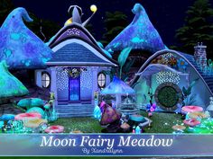 the moon fairy meadow is lit up with blue and green lights on it's roof