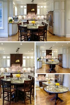 four different views of a kitchen with white cabinets and marble counter tops, including a dining room table