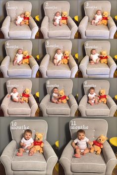 a baby sitting in a chair with winnie the pooh on it