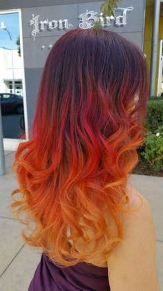 Sunrise Hair Color Ombre, Fire Ombre Hair Long, Fire Hair Color Ombre, Fire Colored Hair, Escher Necromunda, Red Ombré Hair, Hair Color Ideas Dark, Orange Hair Color Ideas