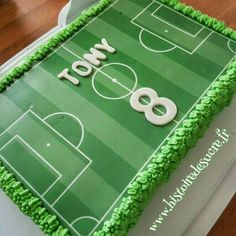 a cake that is shaped like a soccer field with the number 80 on it's side