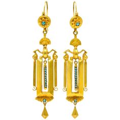 Victorian Etruscan Revival Turquoise 14 Karat Gold Drop Earrings, circa 1880s | See more rare vintage Drop Earrings at https://www.1stdibs.com/jewelry/earrings/<null> Victorian Drop Earrings, Art Deco Drop Earrings, Gold Diamond Drop Earrings, Pearl Pendant Earrings, Antique Gold Earrings, Vintage Drop Earrings, Turquoise Stud Earrings