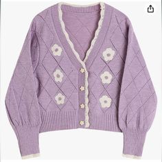 Autumn Sweet Flowers V-Neck Long Sleeve Button Knitted Sweater Cardigan Nwot Size Medium - No Size Tag Woman’s Light Purple Cardigan W/ Flowers Ao Pretty Cardigans, Academia Clothes, Sweet Flowers, Harajuku Women, Fall Cardigans, Purple Cardigan, Cute Jackets, Knitted Coat