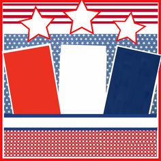 three red, white and blue stars are on top of an american flag background with two blank cards