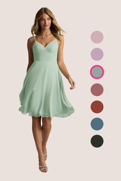 Allow your bridal party to show their joyful personality while wearing our knee-length bridesmaid dress, Emmy. Her V-neck bodice has a delicate gathering detail held by spaghetti straps that drape onto an open V-back. The empire waist, when combined with the full circle skirt, gives the dress a cinched waist look. We’ve also added pockets! Bridesmaid Dresses Dusty Sage, Knee Length Bridesmaid Dresses, Chiffon Bridesmaid Dresses, Azazie Bridesmaid Dresses, Full Circle Skirt, Full Circle Skirts, Chiffon Bridesmaid, Full Circle, Knee Length Dresses