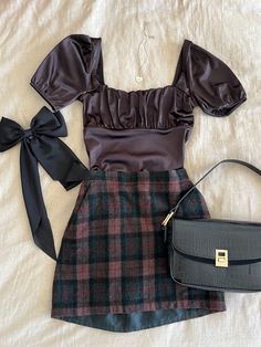 Coquette bow plaid skirt black satin puff sleeve fall vibes dark academia light academia gothic femme Academia Outfits, Downtown Outfits, Fasion Outfits, Aesthetic Outfit, Autumn Outfit, Fancy Outfits, Cute Casual Outfits, Classy Outfits