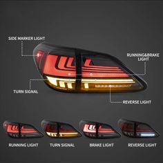 the tail lights and brake lights are labeled in red, blue, yellow, and white