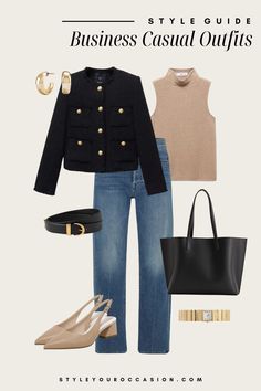 How To Create Business Casual Outfits: 20 Staple Pieces You Need Black Skirt Outfit Work Business Casual, Monday Outfit Ideas, Casual Friday Work Outfits Jeans, Monday Outfit For Work, Women Capsule Wardrobe, Sleeveless Blazer Outfit, Casual Friday Work Outfits, Convention Outfits, Mode Ab 50