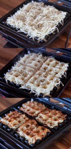 four different views of waffle irons being cooked on the griddle for hashbrowns