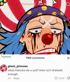 an animated image of a clown with blue hair and piercings on it's face