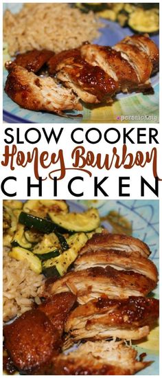 the slow cooker honey bourbon chicken is ready to be eaten and served with rice