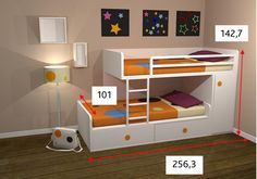 the bunk bed is labeled with numbers and measurements for each child's bedroom size