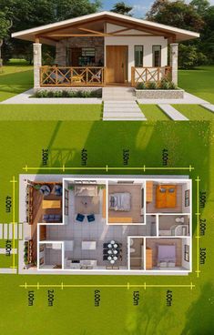 the floor plan for a small house with two levels and three rooms on each level