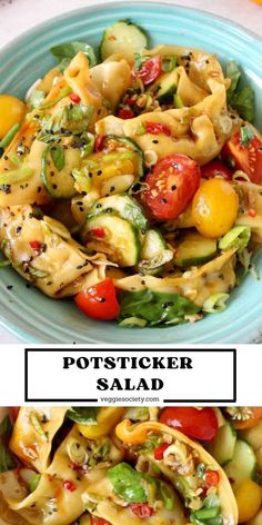 two pictures with different types of pasta and vegetables in them, one has tomatoes, the other has zucchini