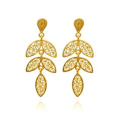 Such elegant and beautiful earrings, lots of movement :) Handmade Measures 1.52" L x 0.63" W Fine Filigree Gold is gold plated 18k over sterling silver Jewelry Elegant Leaf-shaped Gold Plated Earrings, Elegant Gold Plated Leaf-shaped Earrings, Gold-plated Leaf-shaped Earrings, Gold Plated Yellow Gold Bridal Earrings, Fine Jewelry Yellow Gold Chandelier Earrings As Gift, Luxury Gold Plated Chandelier Earrings As Gift, Luxury 22k Gold Drop Earrings, Yellow Gold Plated Chandelier Earrings As Gift, Pierced Yellow Gold-plated Chandelier Earrings