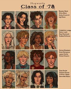 an illustrated poster with many different faces and hair styles for the characters in harry potter's class of 78