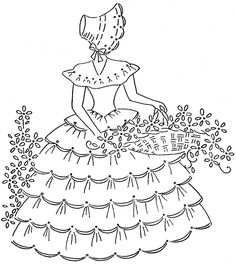 a drawing of a woman in a dress with flowers on the skirt and an umbrella over her head