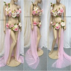 three different views of a mannequin with flowers on it