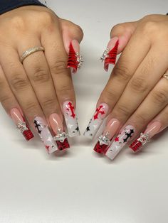 Red And Black Acrylic Nails Designs, Black Red And White Nails, Black White And Red Nails, Red White And Black Nails, White And Black Nails, Black Acrylic Nail Designs, Red And White Nails, Black Acrylic Nails, Long Nail Designs