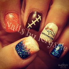 Broncos nails! Auburn Football Nails, Football Nails Design, Sports Nail Art, Football Nail Art