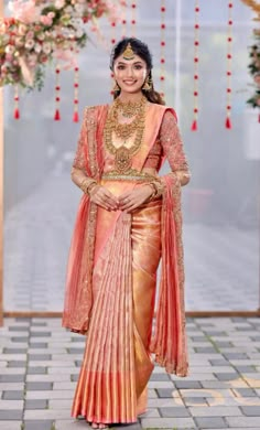 Indian Marriage Saree Wedding Ideas, Half Saree Lehenga For Engagement, Mandap Look For Bride In Saree, Banarasi Saree With Dupatta, Bridal Saari Designs Latest, Engagement Dress South Indian, Engagement Saree Blouse Designs, Royal Saree Look For Wedding, Indian Wedding Guest Saree Look