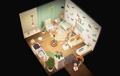 an overhead view of a living room and kitchen in a doll house with furniture on the floor