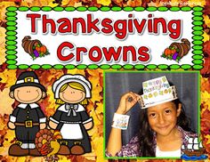 a thanksgiving themed poster with a girl and boy dressed up in pilgrim costumes, holding a turkey hat