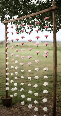 an outdoor ceremony with pink and white flowers hanging from the tree, in front of a grassy field