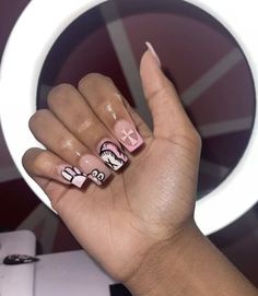 Nails Kaws Short, Short Nail Designs Kaws, Short Square Acrylic Nails Kaws, Pink Kaws Nails Design, Bearbrick Nails, Kaw Short Nails, Cancerian Nail Art, Medium Kaws Nails, French Tip Kaws Nails