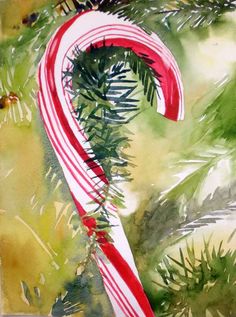 watercolor painting of a candy cane with pine cones and fir trees in the background