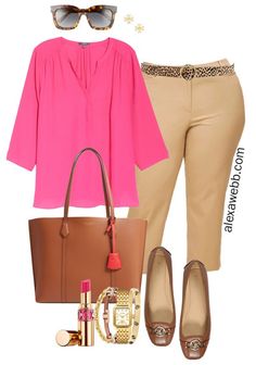 Summer Work Capsule Wardrobe, Summer Work Capsule, Office Outfits Women Plus Size, Work Capsule Wardrobe, Fall Work Outfit, Plus Size Capsule Wardrobe, Hot Pink Blouse, Apple Shape Outfits, Tan Tote Bag