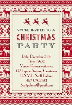 a christmas party flyer with reindeers and snowflakes on the front, in red and white