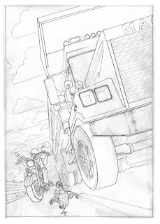 a drawing of a dump truck being pulled by a bike