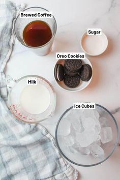 ingredients to make oreo cookies with milk and ice cubes