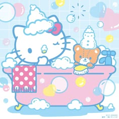 hello kitty taking a bath in the tub with bubbles and soaps on her head