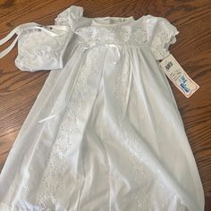 Gorgeous Vintage Alexis Christening Gown Still With Original Tags Attached, And Hat Attached! Fully Lined Dress White Smoke Free So Beautiful And Dainty! Elegant Baptism Dress With Smocked Back, Spring Baptism Dress With Smocked Back, Vintage Cotton Baptism Dress, Vintage Baptism Dress With Lace Trim, Angel Baby Gowns, Alexis Dress, Baby Gown, Christening Gowns, Kids' Dresses