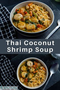 two bowls of thai coconut shrimp soup on a black surface with spoons next to it