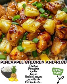 pineapple chicken and rice is served in a bowl