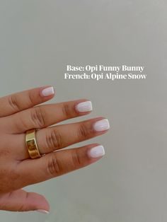 Base: Opi Funny Bunny  French: Opi Alpine Snow Cream And White French Tip Nails, French Tip Gel Polish, Opi Funny Bunny French Manicure, French Nails Funny Bunny, French Tip Funny Bunny, Funny Bunny With White Tip Nails, Off White French Nails, Opi French Manicure Colors, Funny Bunny French Manicure