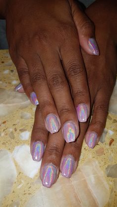 Pink hologram Holo Acrylic Nails, Sparkly Holographic Nails, Irridecent Design Nails Short, Holographic Toe Nails, Irradecent Acrylic Nails, Iredesant Nails Pink, Pink Irredescent Nails, Holo Nails Designs, Nail Ideas With Glitter Sparkle