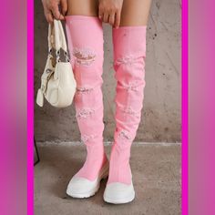 Knee High Pink Jean Ripped Boots Size 9 Trendy Spring Boots With Zipper Closure, Trendy Boots For Spring Streetwear, Trendy Streetwear Boots For Spring, Casual Spring Boots With Zipper Closure, Trendy Spring Streetwear Boots, Fitted Casual Boots For Streetwear, Casual Fitted Boots For Streetwear, Trendy Pink Boots With Zipper Closure, Spring Knee-high Boots For Streetwear