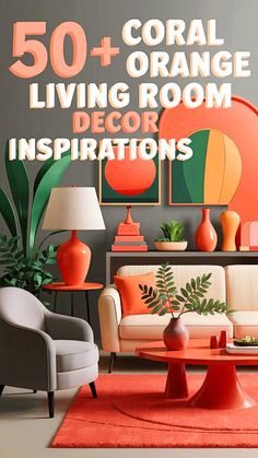 50+ Coral Orange Living Room Decor Inspirations Light Green Living Room, Colored Living Room, Orange Home Decor, Orange Home