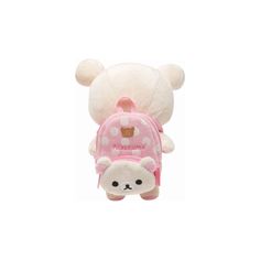 a white teddy bear with a pink backpack on it's back and its eyes closed